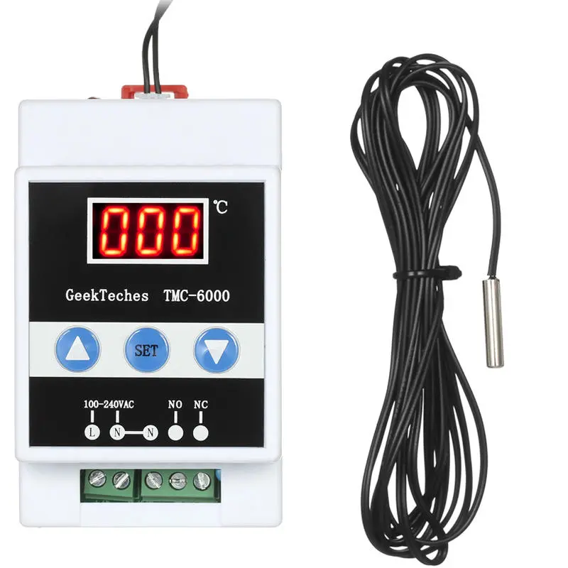 GeekTeches TMC-6000 Digital Thermostat | 110-240V Guide Rail Temperature Controller