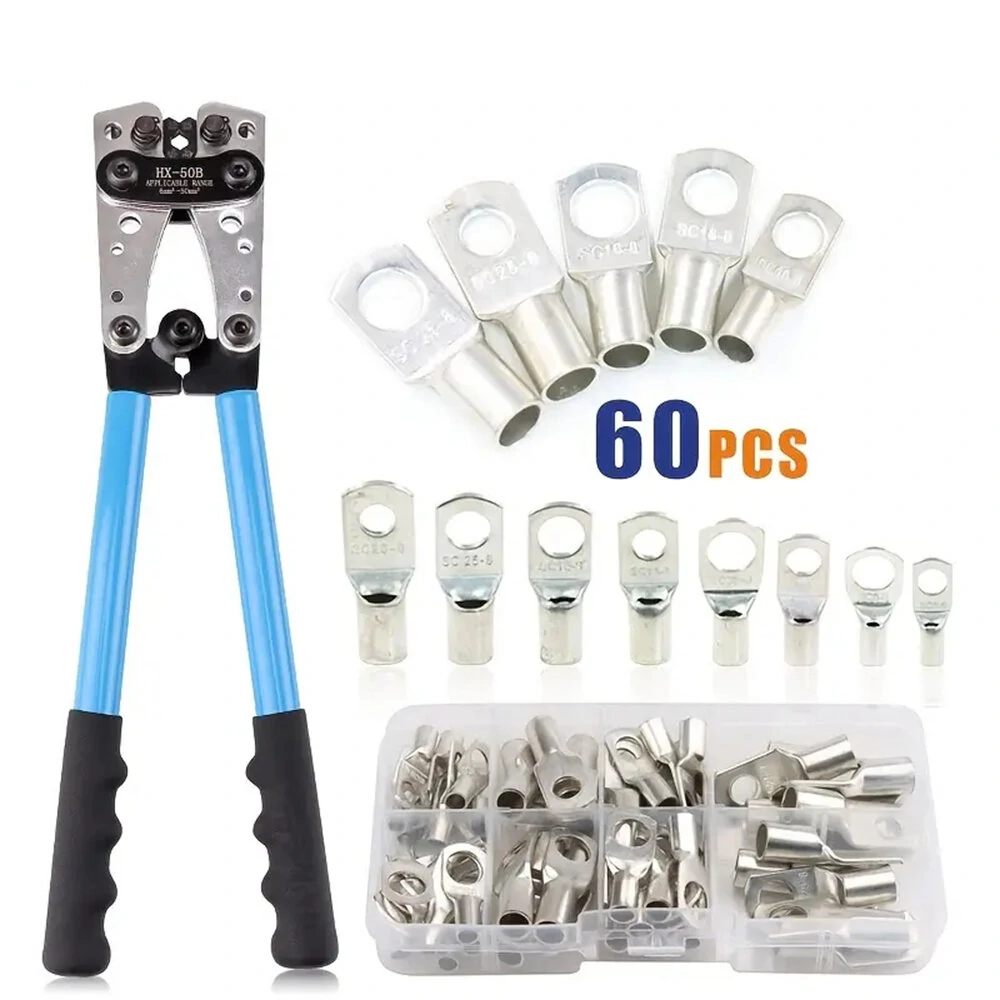 HX-50B Battery Cable Crimping Tool for 10-1 AWG - With 60Pcs Copper Ring Terminals & Lugs Set