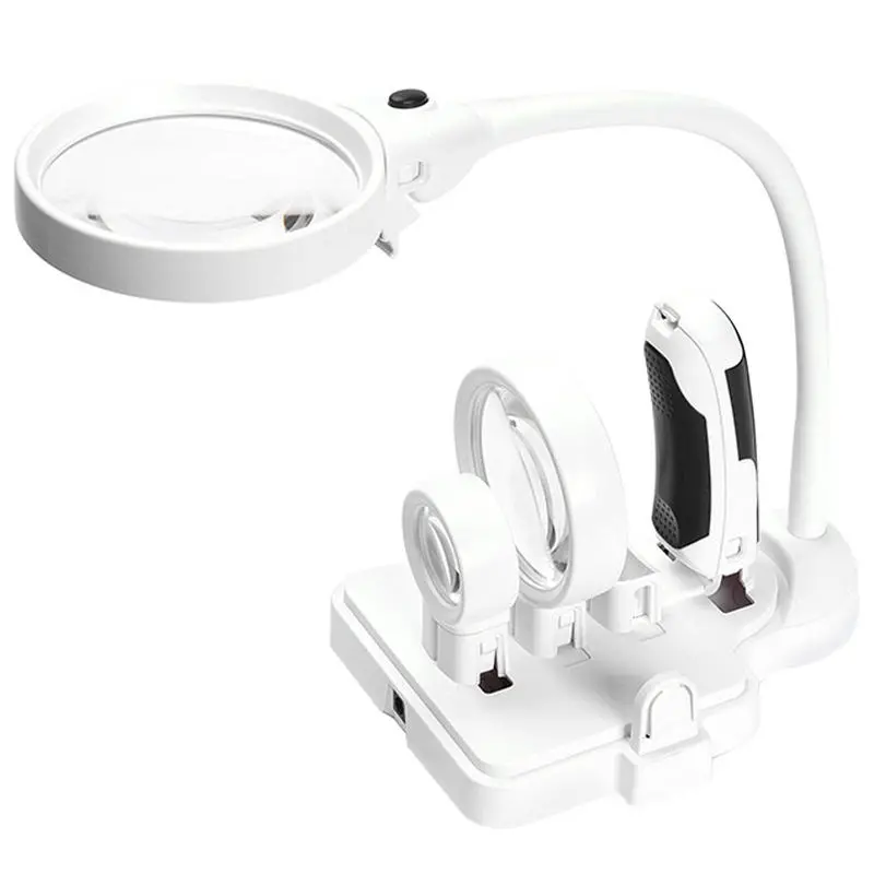 3 Lens LED Magnifier Lamp - 2.5X 5X 16X Desktop Loupe with 6 LED Lights for Soldering & Repair
