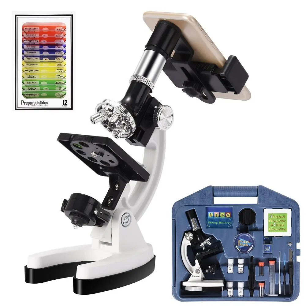AmScope Kids Beginner Microscope - 100X-1200X Metal Body with Phone Adapter & Slides