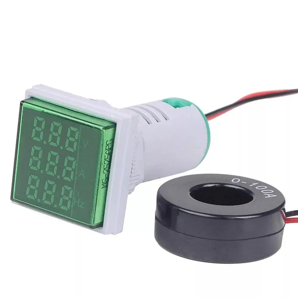 3Pcs 22mm Digital AC Meter - 50-380V 100A Volt Ampere Frequency Tester | Green LED