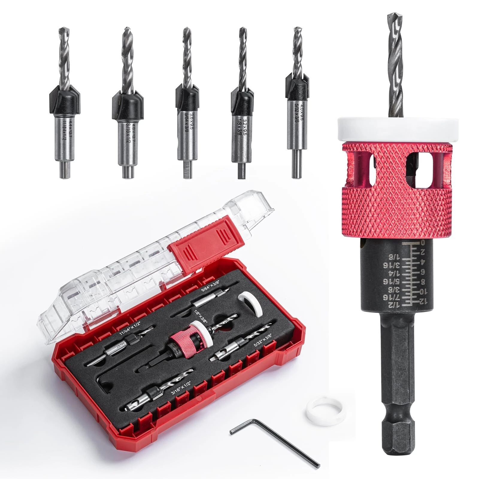 5PCS 1/4 Inch Hex Shank Countersink Drill Bit Set | Low Friction Stop for Wood, Plastic, MDF