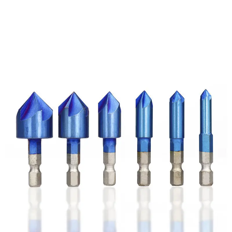 6-19mm Countersink Drill Bit Set - 6pcs 5 Flute Hex Shank | Nano Blue Coated