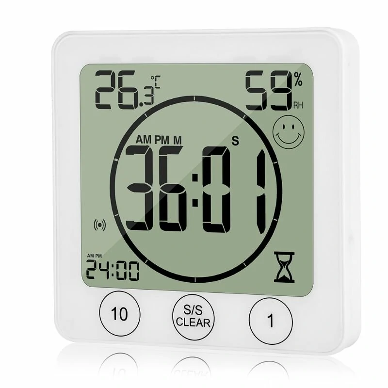 Small LCD Wall Clock Timer - Waterproof Temperature Humidity Meter for Kitchen Bathroom