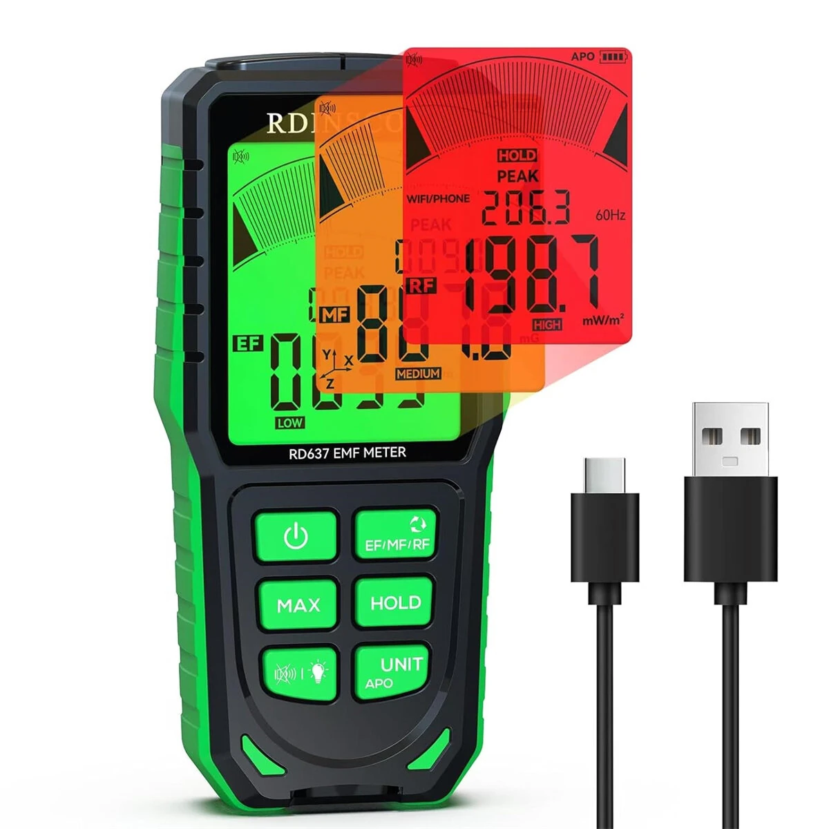 RD637 EMF Detector | 3-in-1 Portable Meter for 5G WiFi Smart Meters | Tri-Color LCD & Rechargeable