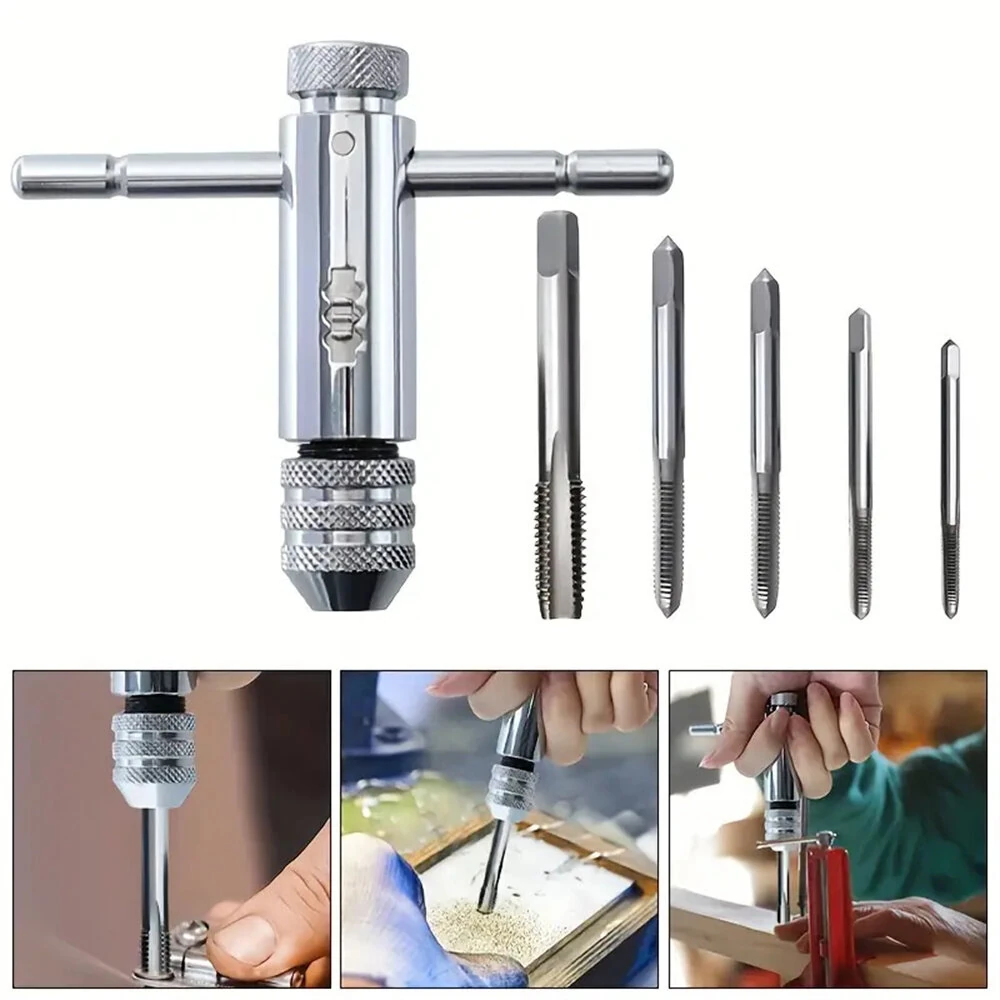 Adjustable T-Handle Tap Wrench with 5pc Metric Tap Set M3-M8 | Sturdy Steel
