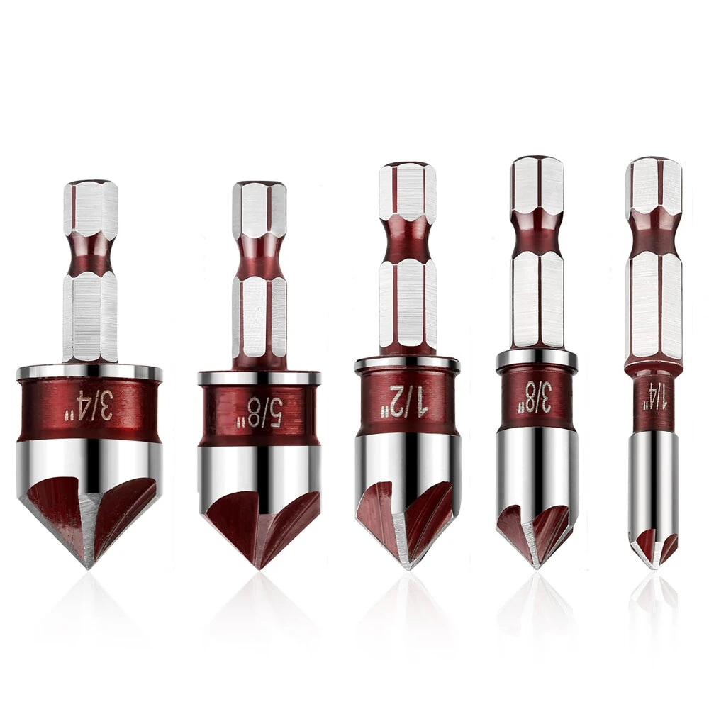 Premium 5Pcs Countersink Drill Bit Set - 82-Degree 5 Flutes | 1/4 to 3/4 | Quick-Change Hex Shank for Wood Metal Plastic