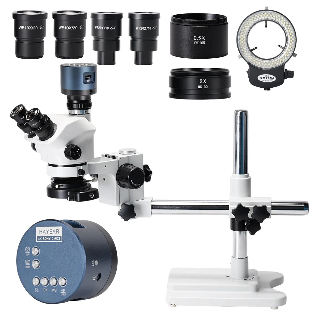 HAYEAR 3.5X-200X Trinocular Stereo Microscope | 4K Camera & 144 LED Light | Metal Boom Stand