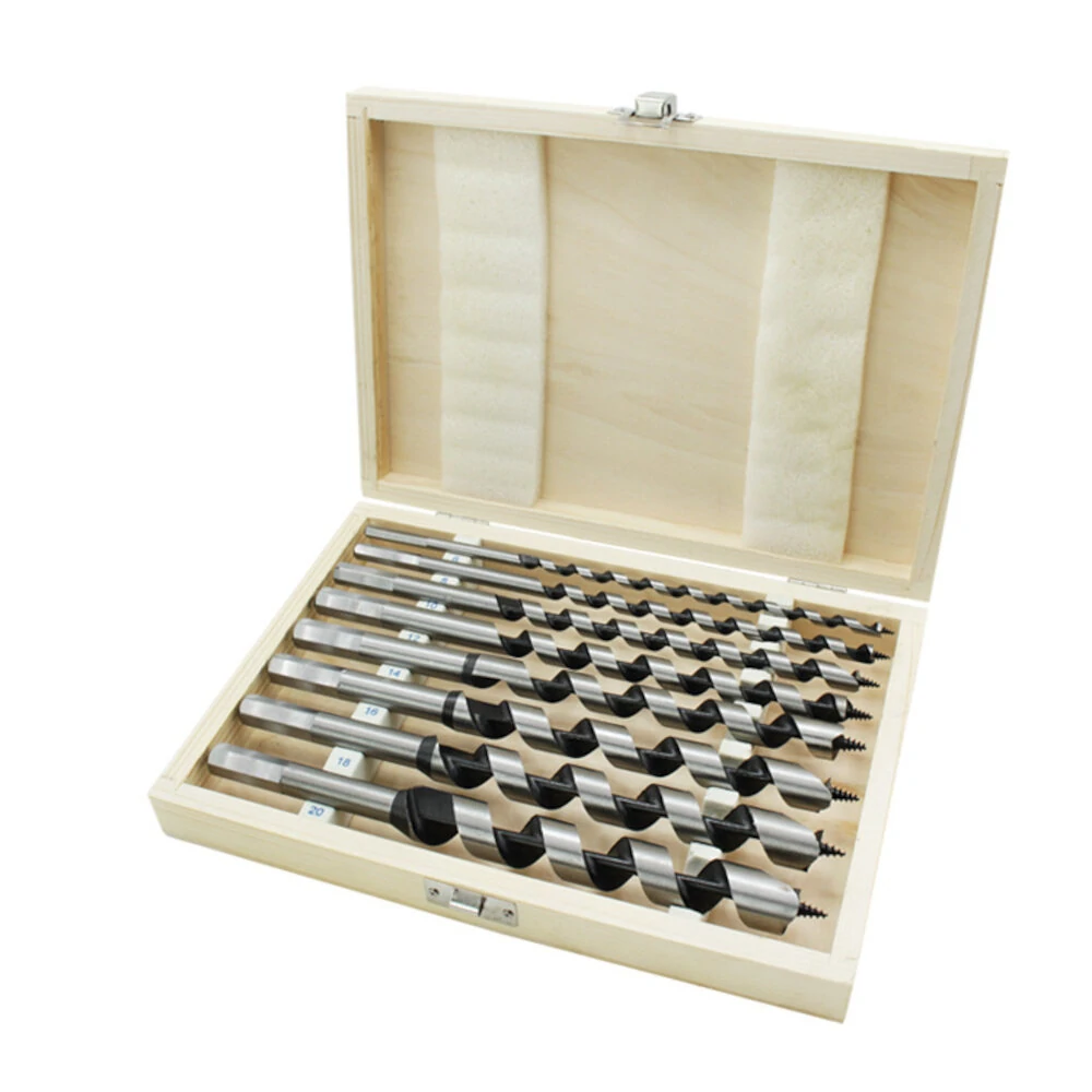 8Pcs 230mm Hexagonal Carbon Steel Auger Bit Set | Woodworking Drill Kit in Wooden Case