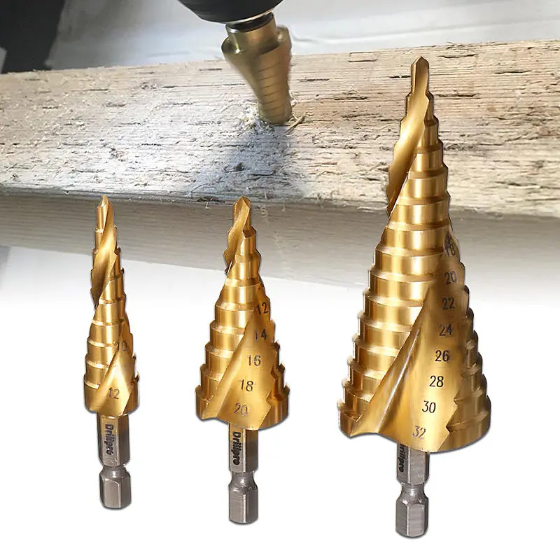 DB-S1 HSS Spiral Step Drill Bit Set - 3Pcs 4-12mm, 4-20mm, 4-32mm