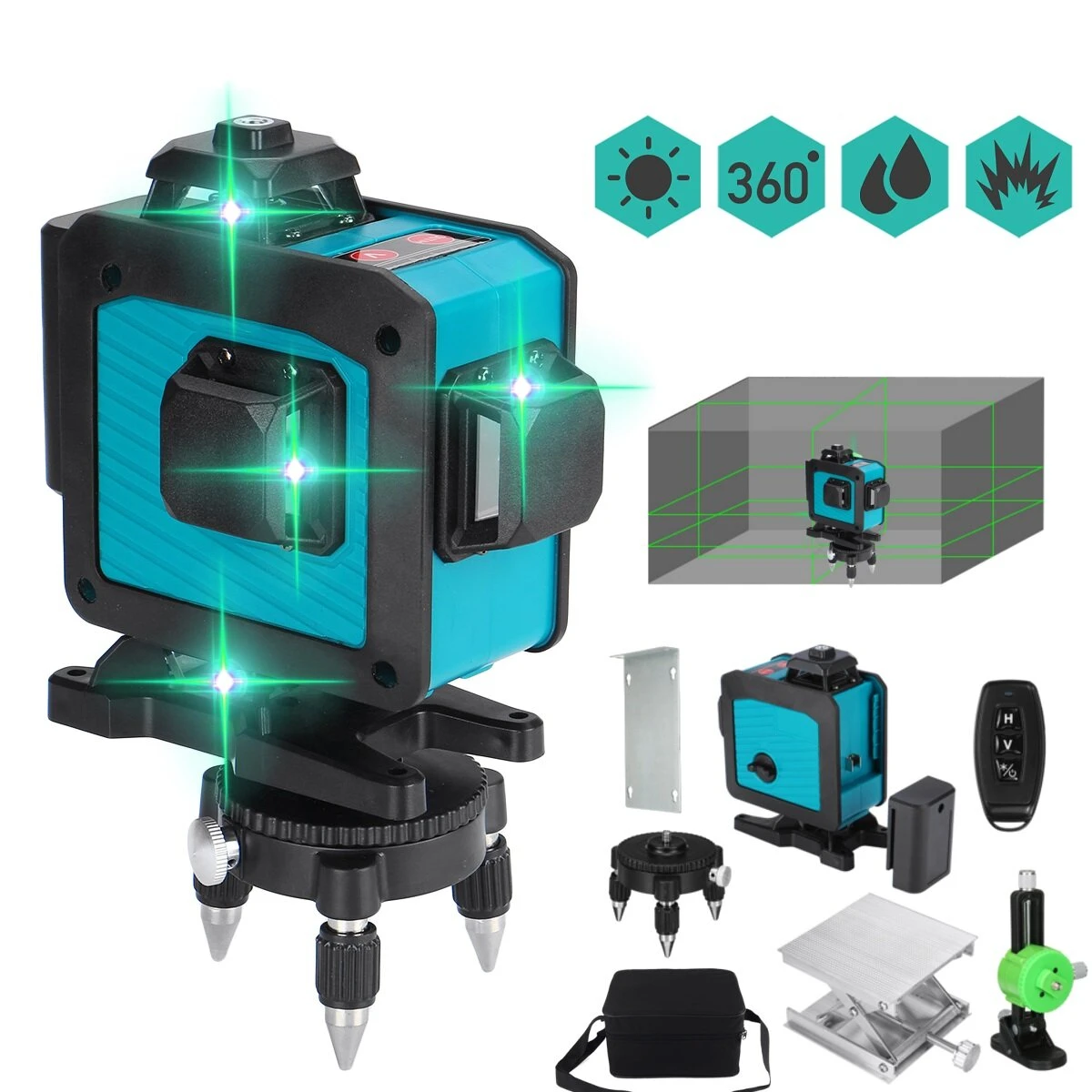 16 Line Green Laser Level - 360° Self-Leveling Horizontal & Vertical Cross Lines
