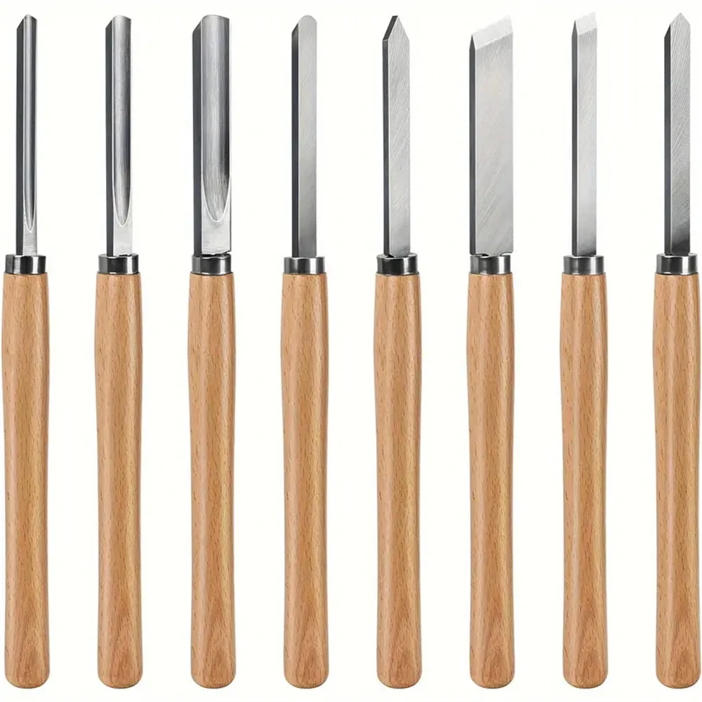 8PCS Professional Wood Turning Chisels Set - High-Speed Steel Blades with Gouges & Skew