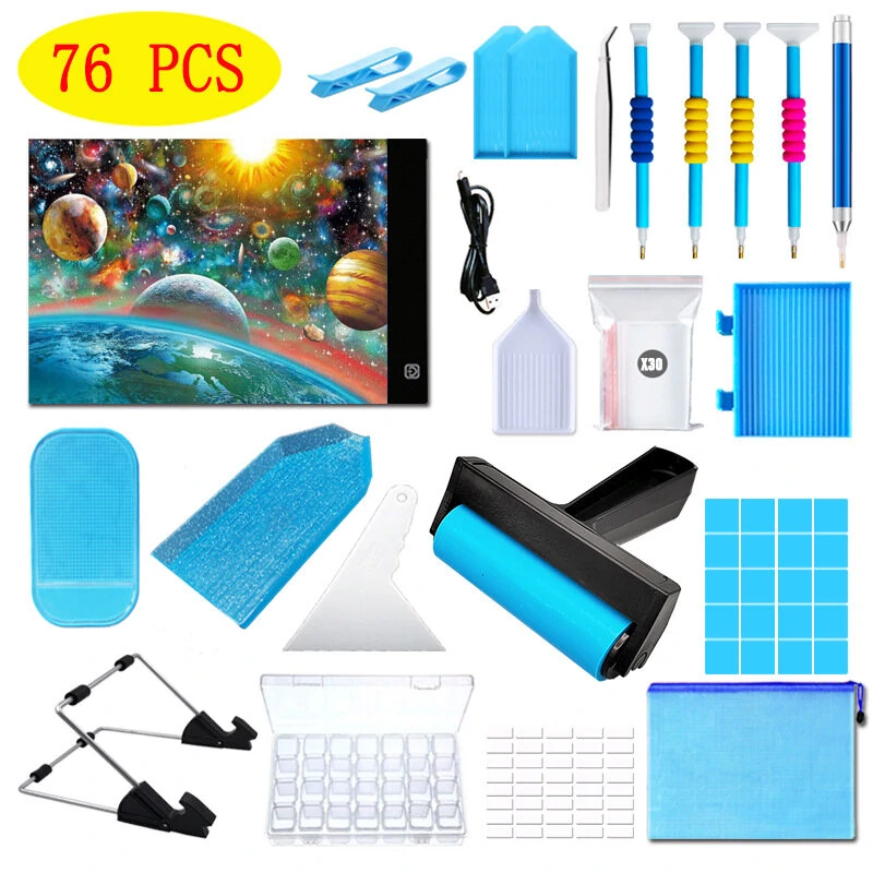 Blue Drill Pen Diamond Painting Tool Set - 79PCS with LED Light Board & 32 Grid Bead Box