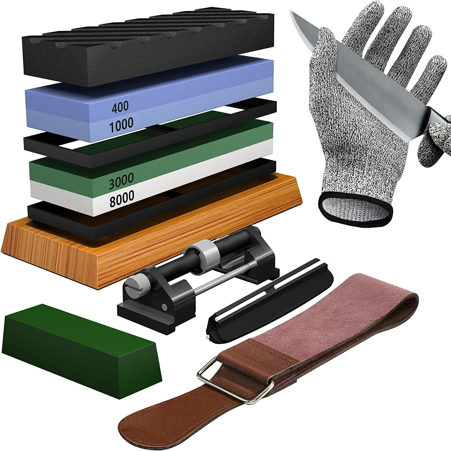 Sharpening Stone Set - 4 Side Grit 400/1000 3000/8000 - Whetstone with Non-Slip Base